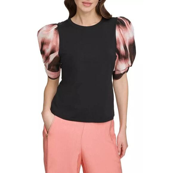 DKNY Mixed Media Puff Sleeve Blouse Crewneck Cotton Black/Abstract Dot Womens XL - Picture 1 of 6
